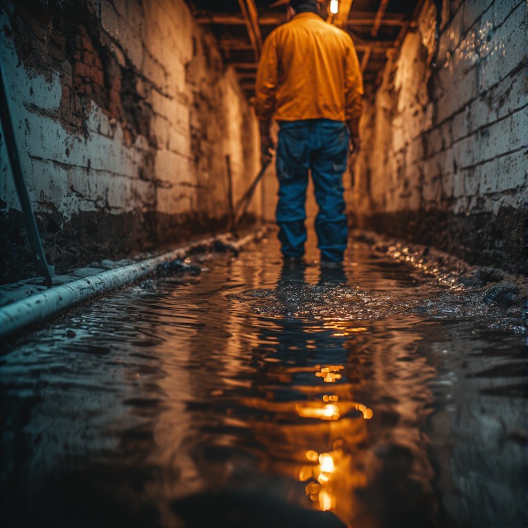 Basement water damage restoration technician at work